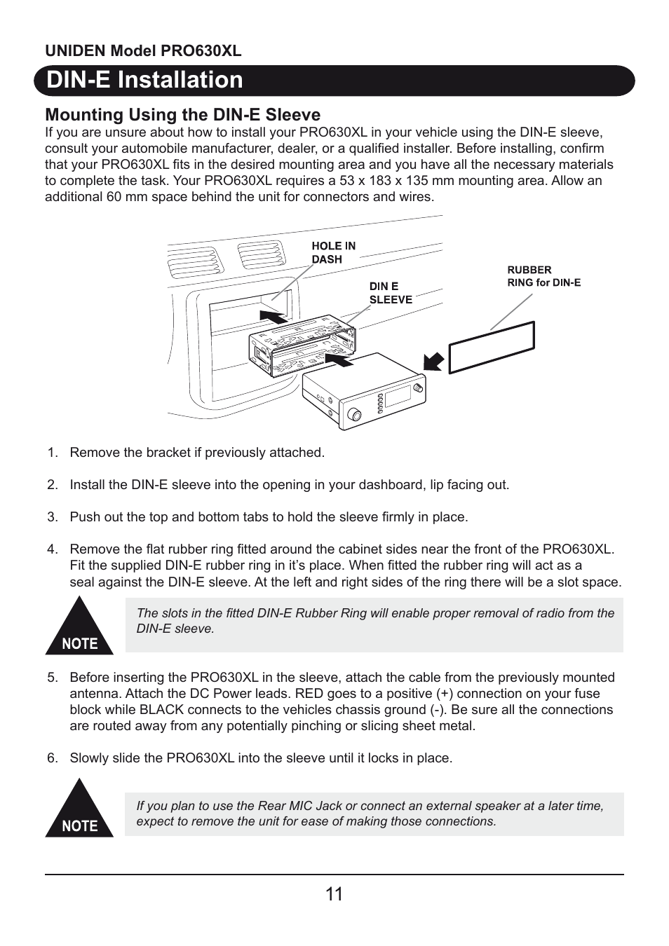 Din-e installation, Mounting using the din-e sleeve | Uniden PRO630XL User Manual | Page 11 / 28