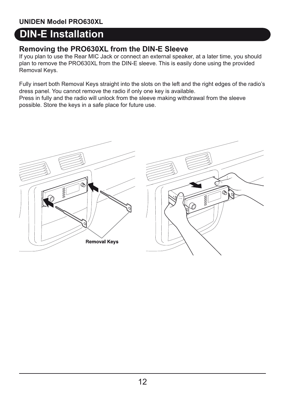 Din-e installation | Uniden PRO630XL User Manual | Page 12 / 28