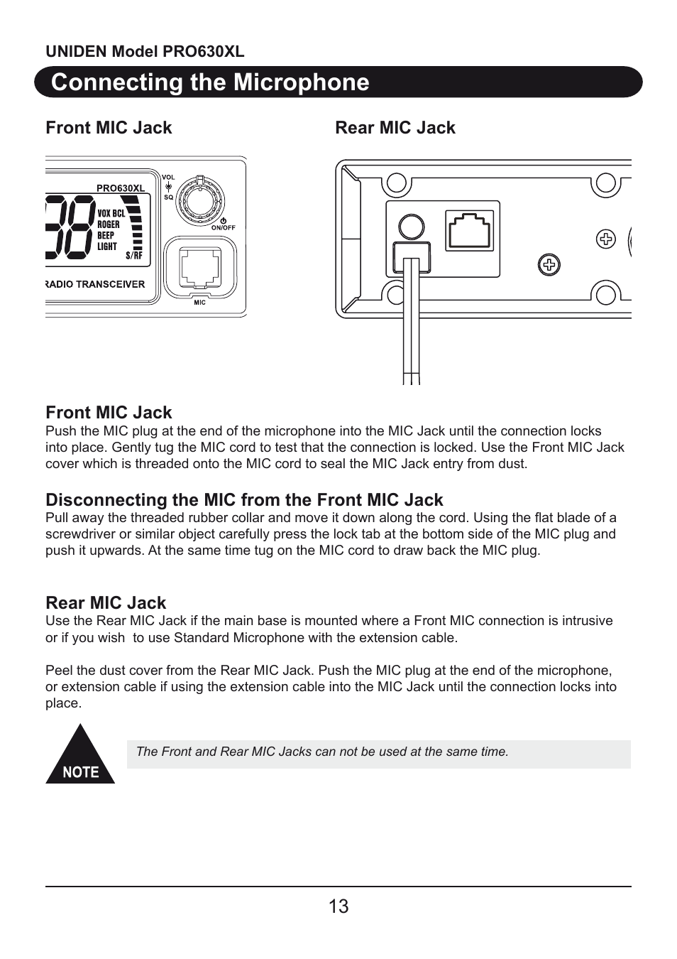 Connecting the microphone | Uniden PRO630XL User Manual | Page 13 / 28