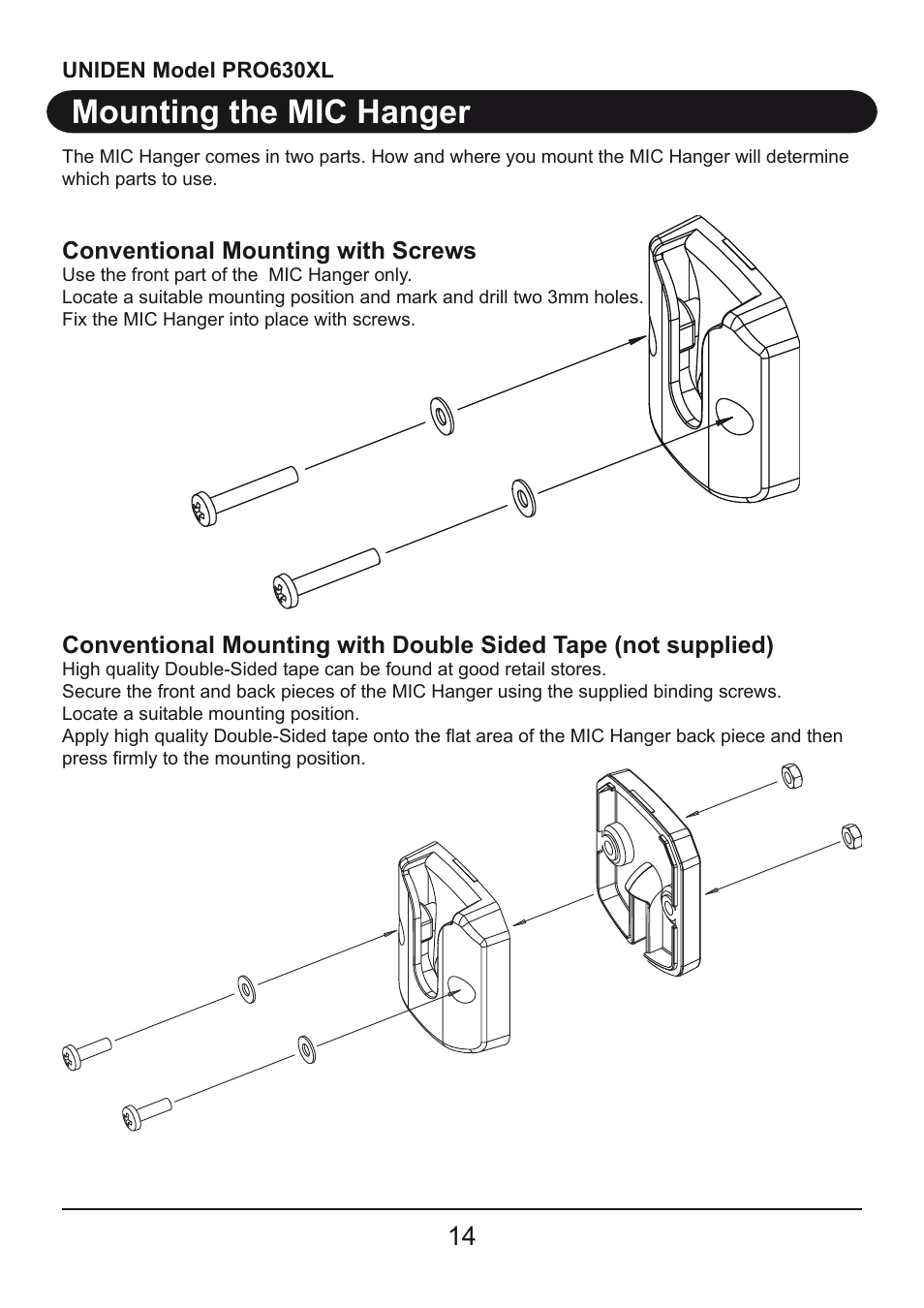 Mounting the mic hanger | Uniden PRO630XL User Manual | Page 14 / 28