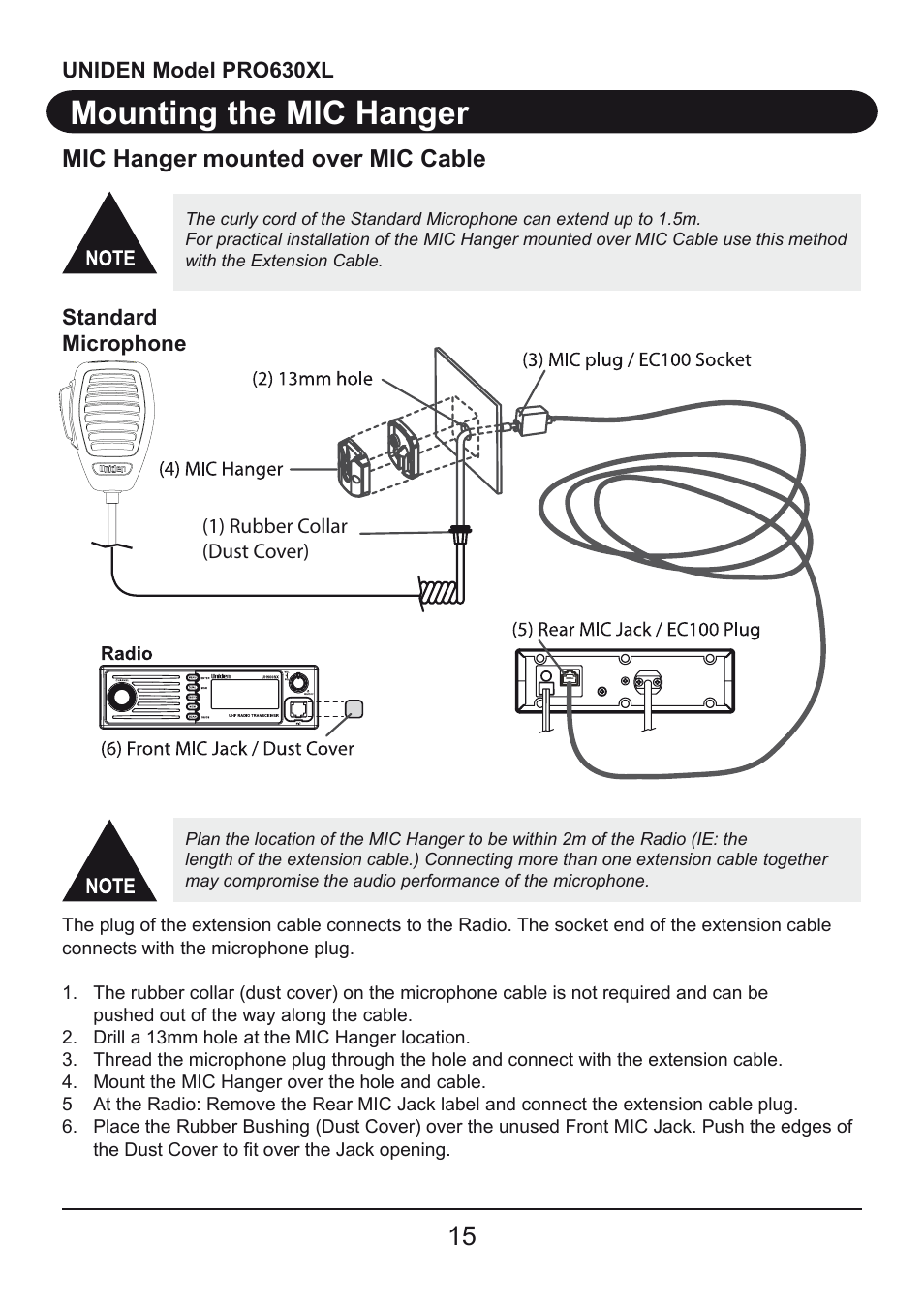 Mounting the mic hanger, Mic hanger mounted over mic cable | Uniden PRO630XL User Manual | Page 15 / 28