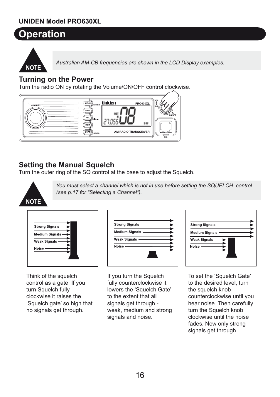 Operation, Turning on the power, Setting the manual squelch | Uniden model pro630xl | Uniden PRO630XL User Manual | Page 16 / 28