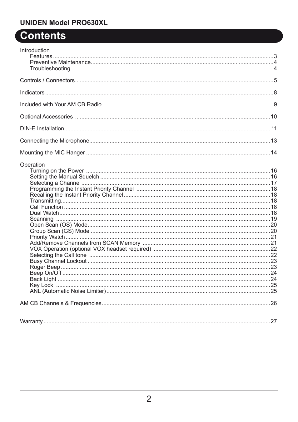 Uniden PRO630XL User Manual | Page 2 / 28