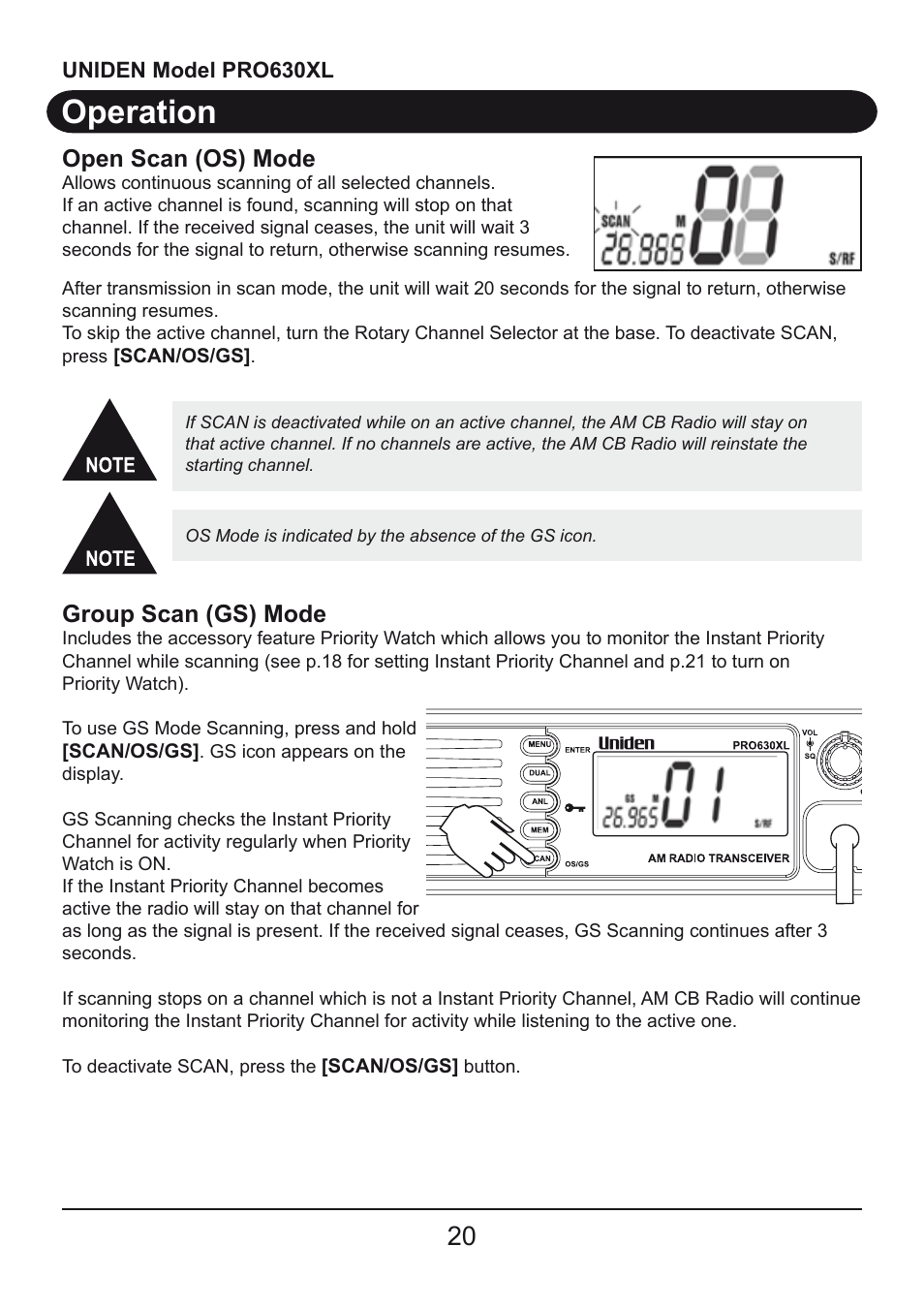 Operation, Open scan (os) mode, Group scan (gs) mode | Uniden PRO630XL User Manual | Page 20 / 28