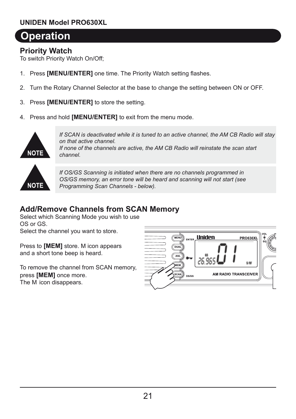 Operation, Priority watch | Uniden PRO630XL User Manual | Page 21 / 28