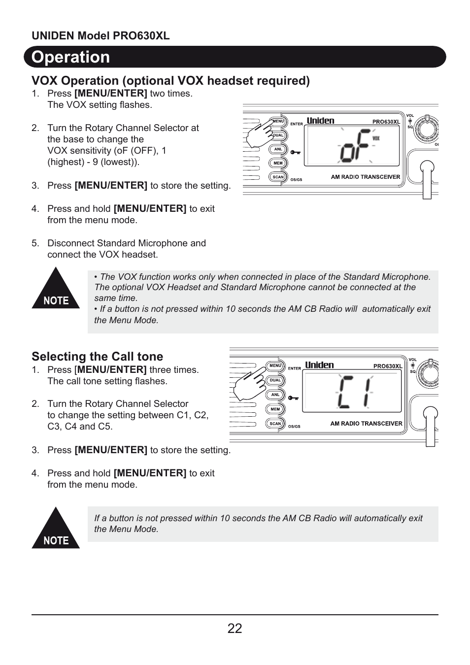 Operation, Vox operation (optional vox headset required), Selecting the call tone | Uniden PRO630XL User Manual | Page 22 / 28