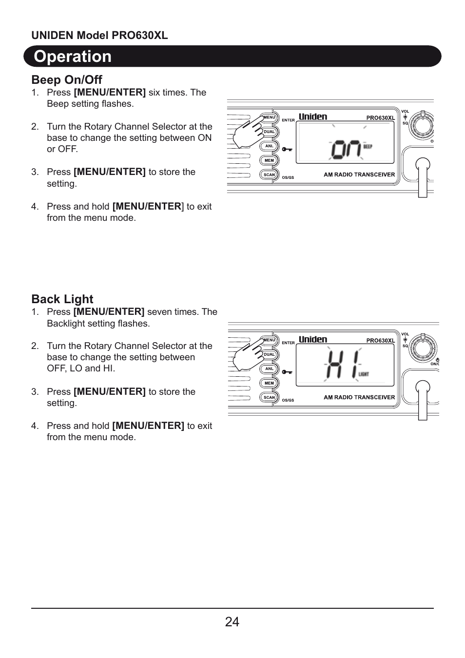 Operation, Beep on/off, Back light | Uniden PRO630XL User Manual | Page 24 / 28