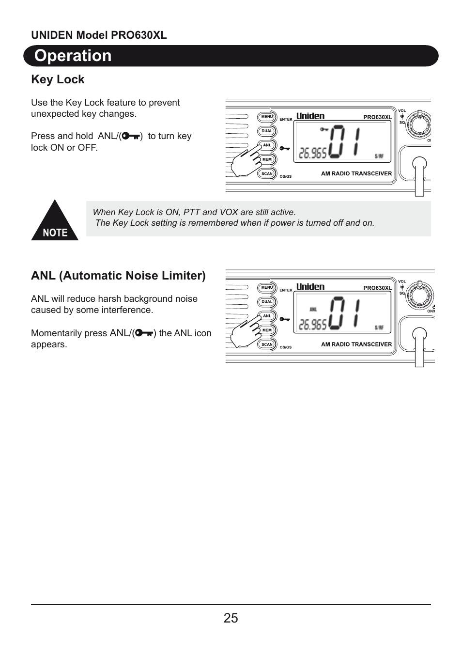 Operation | Uniden PRO630XL User Manual | Page 25 / 28