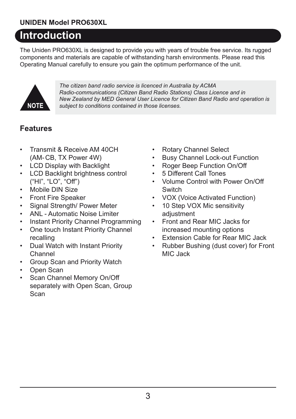 Introduction | Uniden PRO630XL User Manual | Page 3 / 28