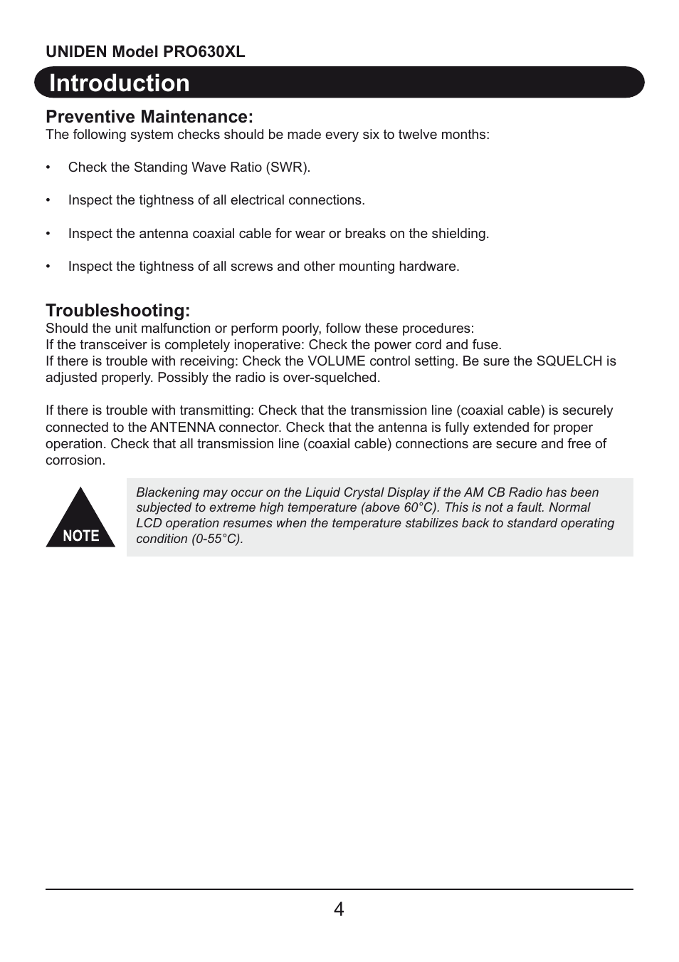 Introduction, Preventive maintenance, Troubleshooting | Uniden PRO630XL User Manual | Page 4 / 28