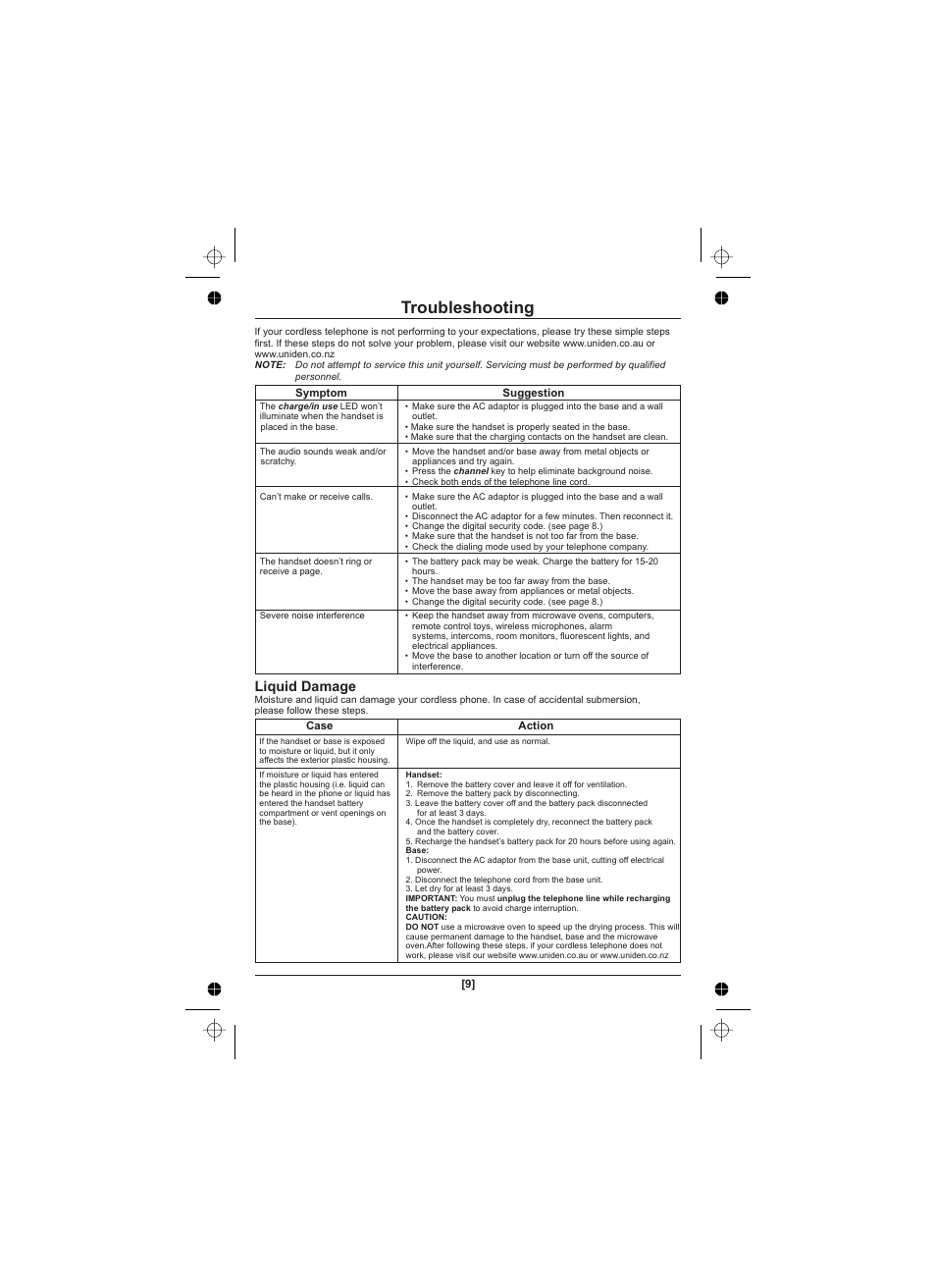 Troubleshooting, Liquid damage | Uniden XS1210 User Manual | Page 10 / 12