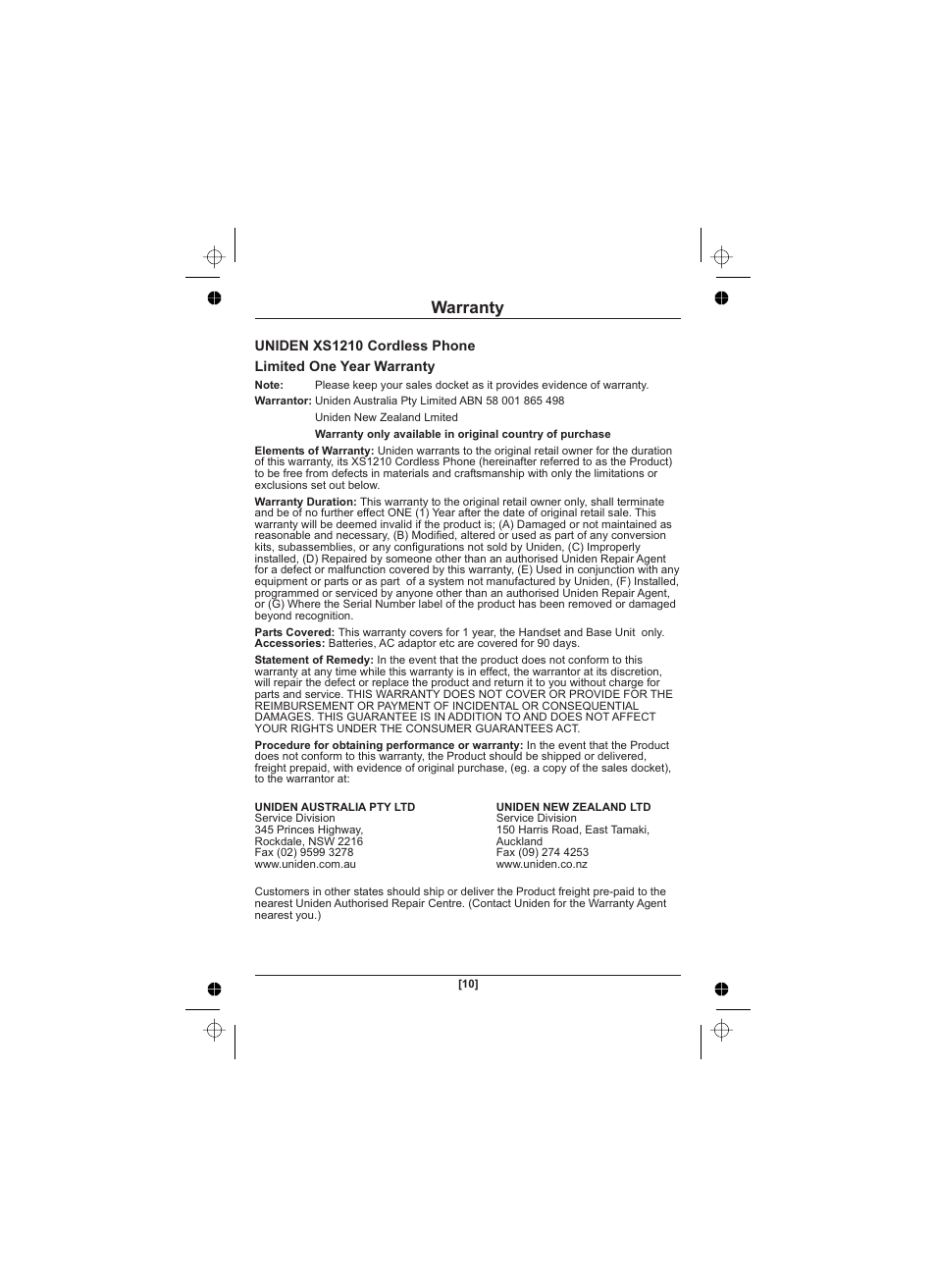 Warranty | Uniden XS1210 User Manual | Page 11 / 12