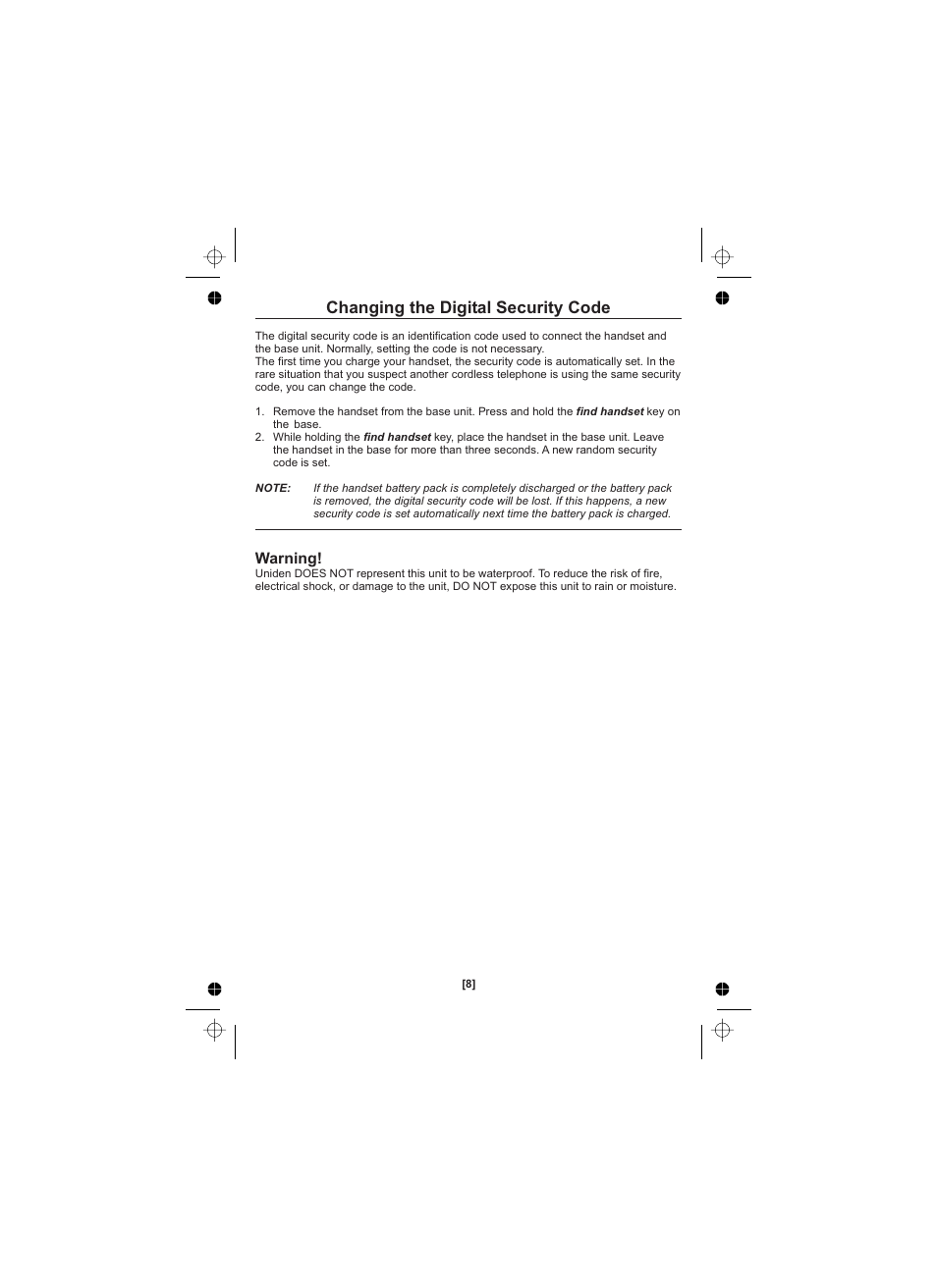 Changing the digital security code, Warning | Uniden XS1210 User Manual | Page 9 / 12