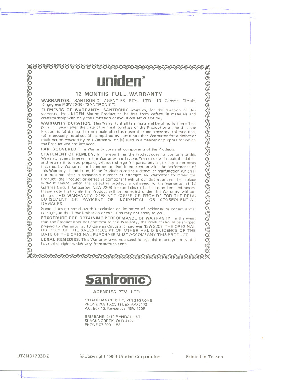 Uniden, Sanironic 1, 12 months full warranty | Uniden MC480 User Manual | Page 12 / 12