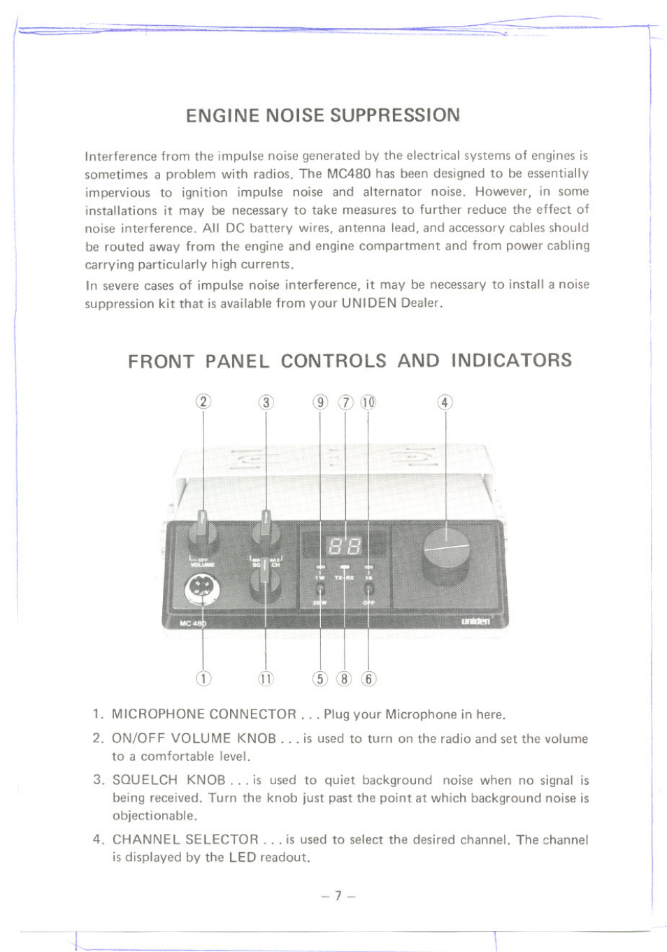 Engine noise suppression, Front panel controls and indicators | Uniden MC480 User Manual | Page 8 / 12
