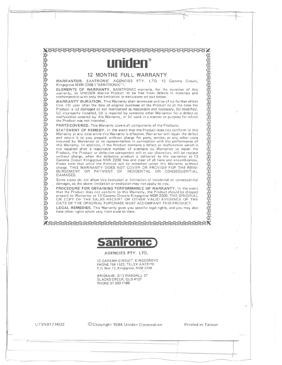 Uniden, Sanironic ), 12 months full warranty | Uniden MC 724 User Manual | Page 12 / 12