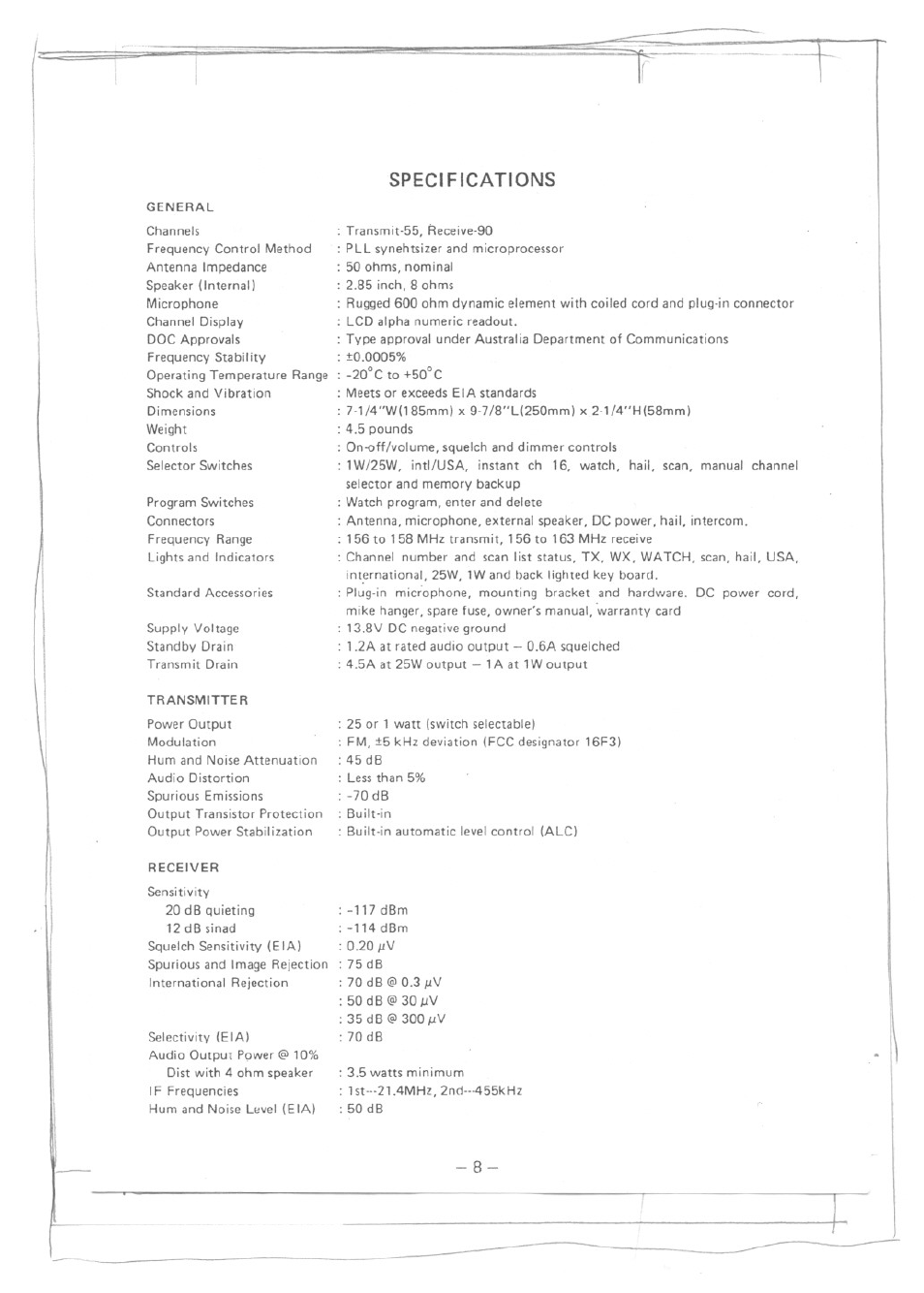 20 pv, Specifications | Uniden MC 724 User Manual | Page 9 / 12