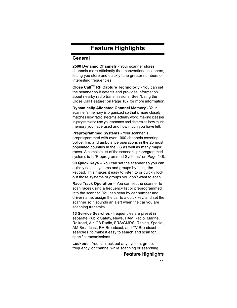 Feature highlights | Uniden BR330T User Manual | Page 11 / 156