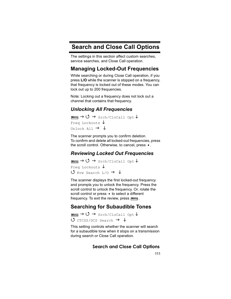 Search and close call options, Managing locked-out frequencies, Searching for subaudible tones | Uniden BR330T User Manual | Page 111 / 156