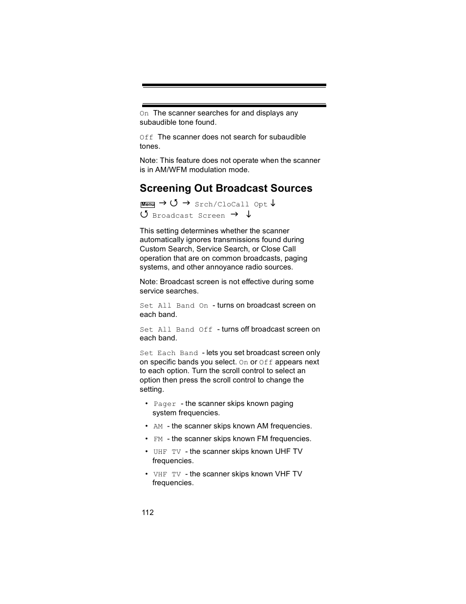 Screening out broadcast sources | Uniden BR330T User Manual | Page 112 / 156