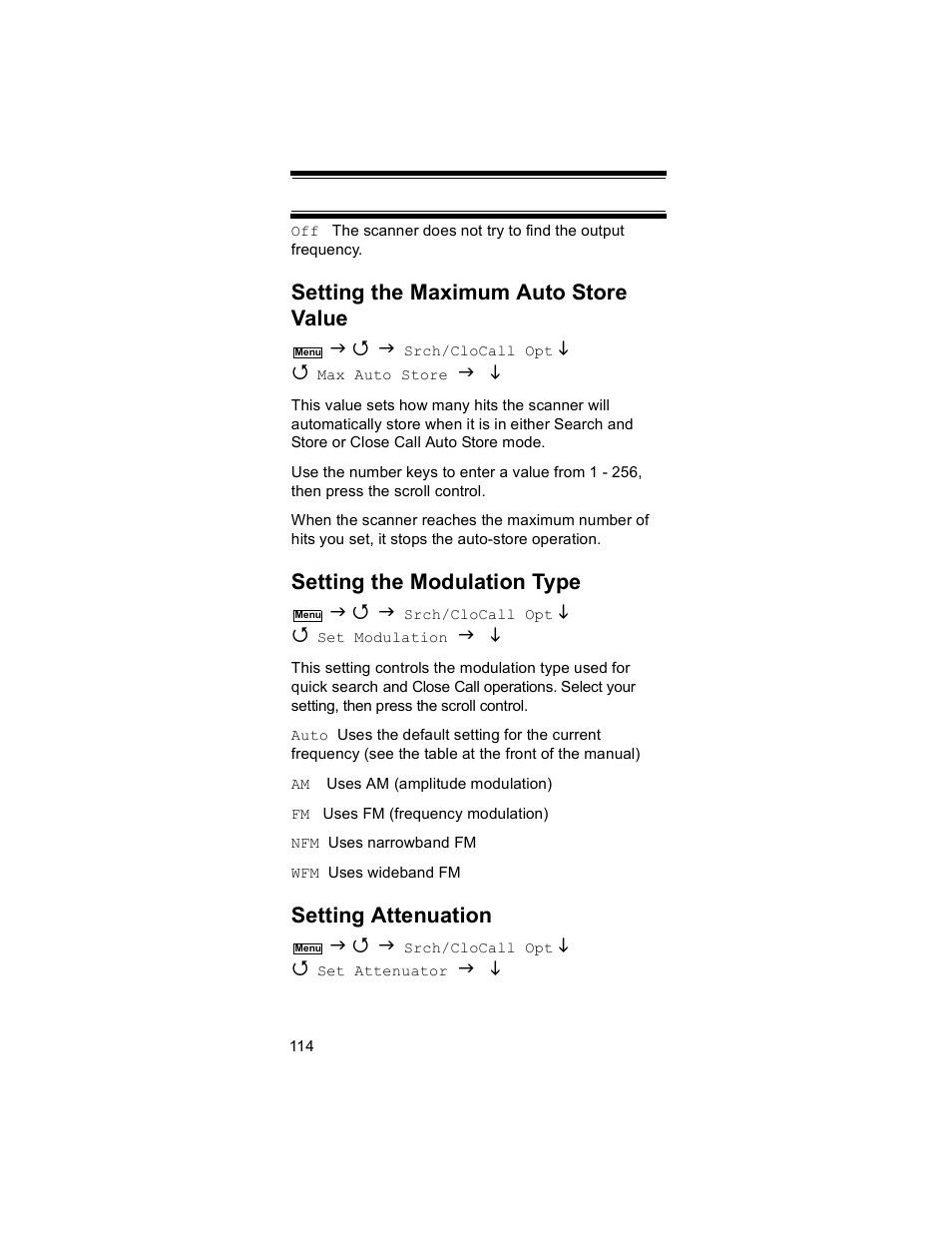 Setting the maximum auto store value, Setting the modulation type, Setting attenuation | Uniden BR330T User Manual | Page 114 / 156