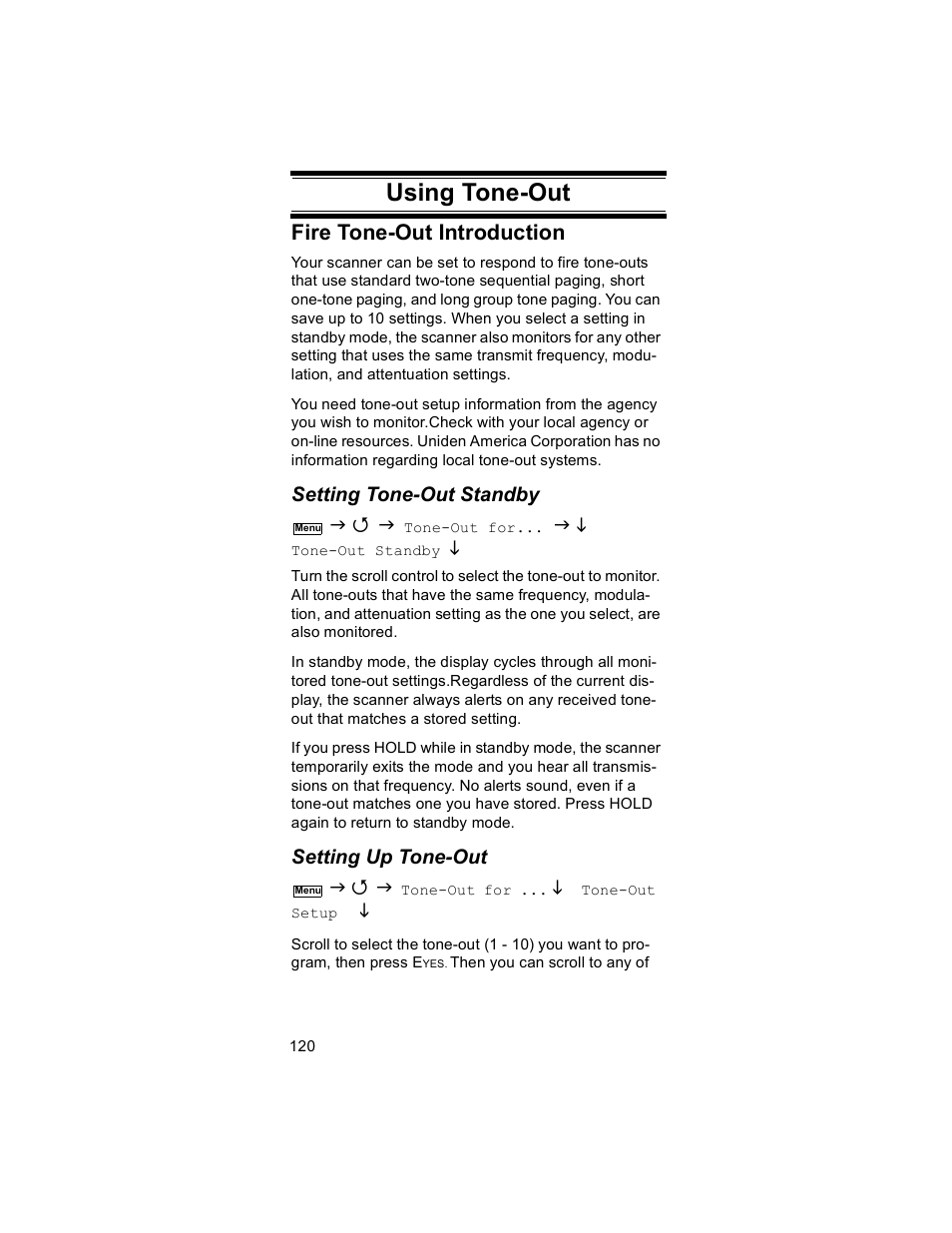 Using tone-out, Fire tone-out introduction, Setting tone-out standby | Setting up tone-out | Uniden BR330T User Manual | Page 120 / 156