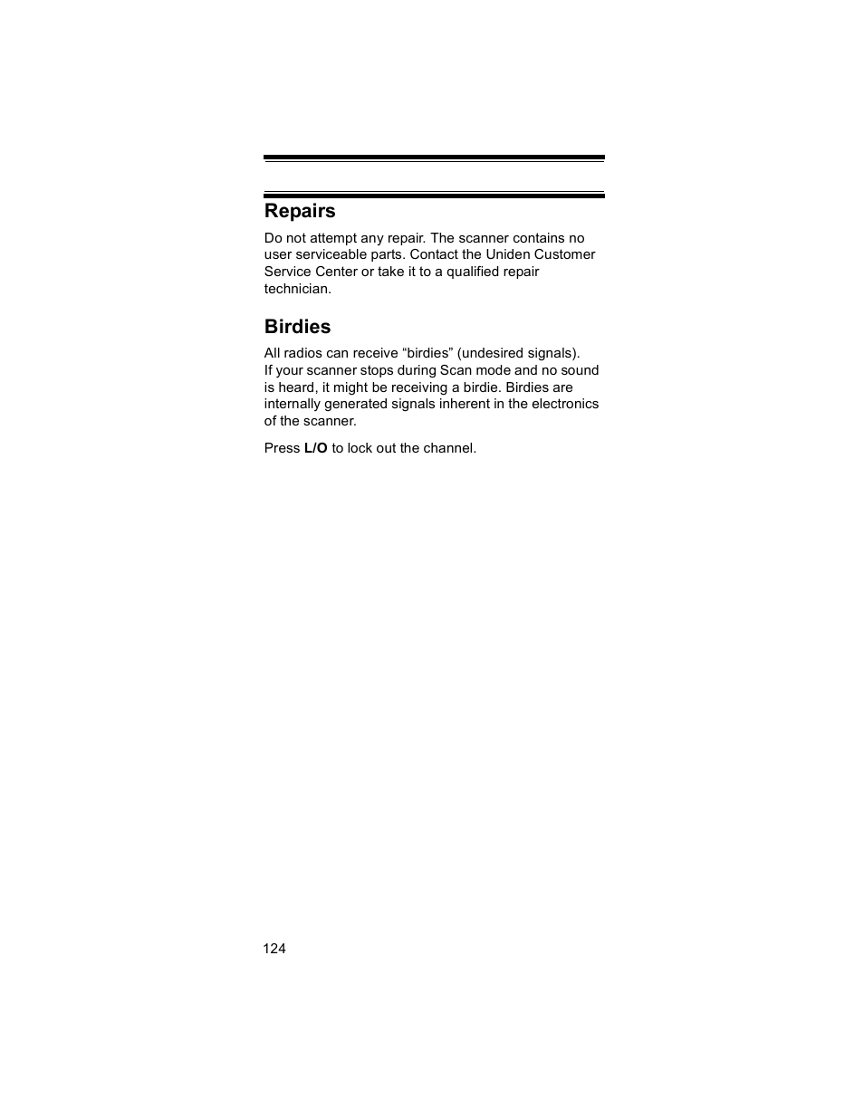 Repairs, Birdies | Uniden BR330T User Manual | Page 124 / 156