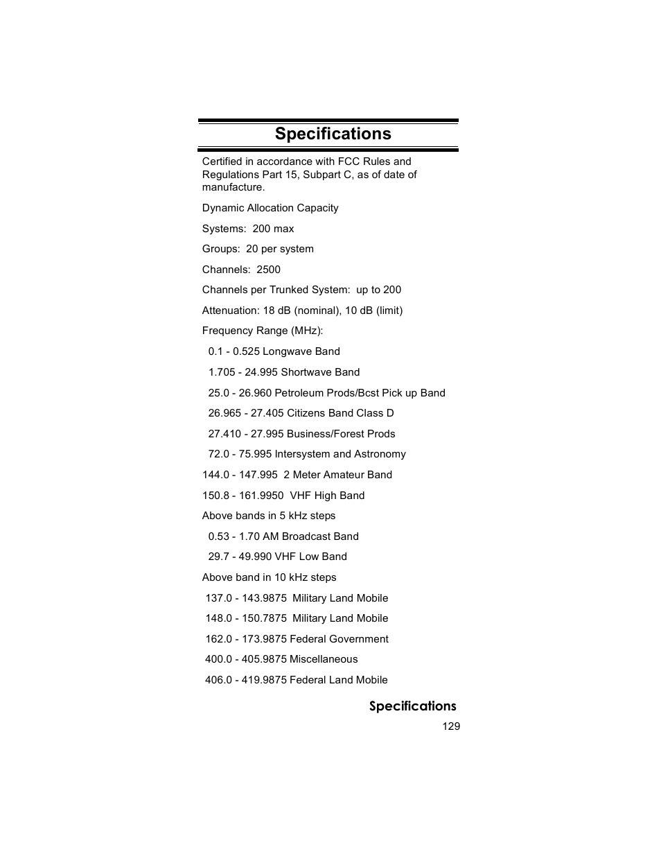 Specifications | Uniden BR330T User Manual | Page 129 / 156