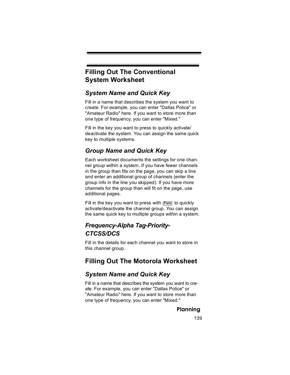 Filling out the conventional system worksheet, Filling out the motorola worksheet | Uniden BR330T User Manual | Page 139 / 156