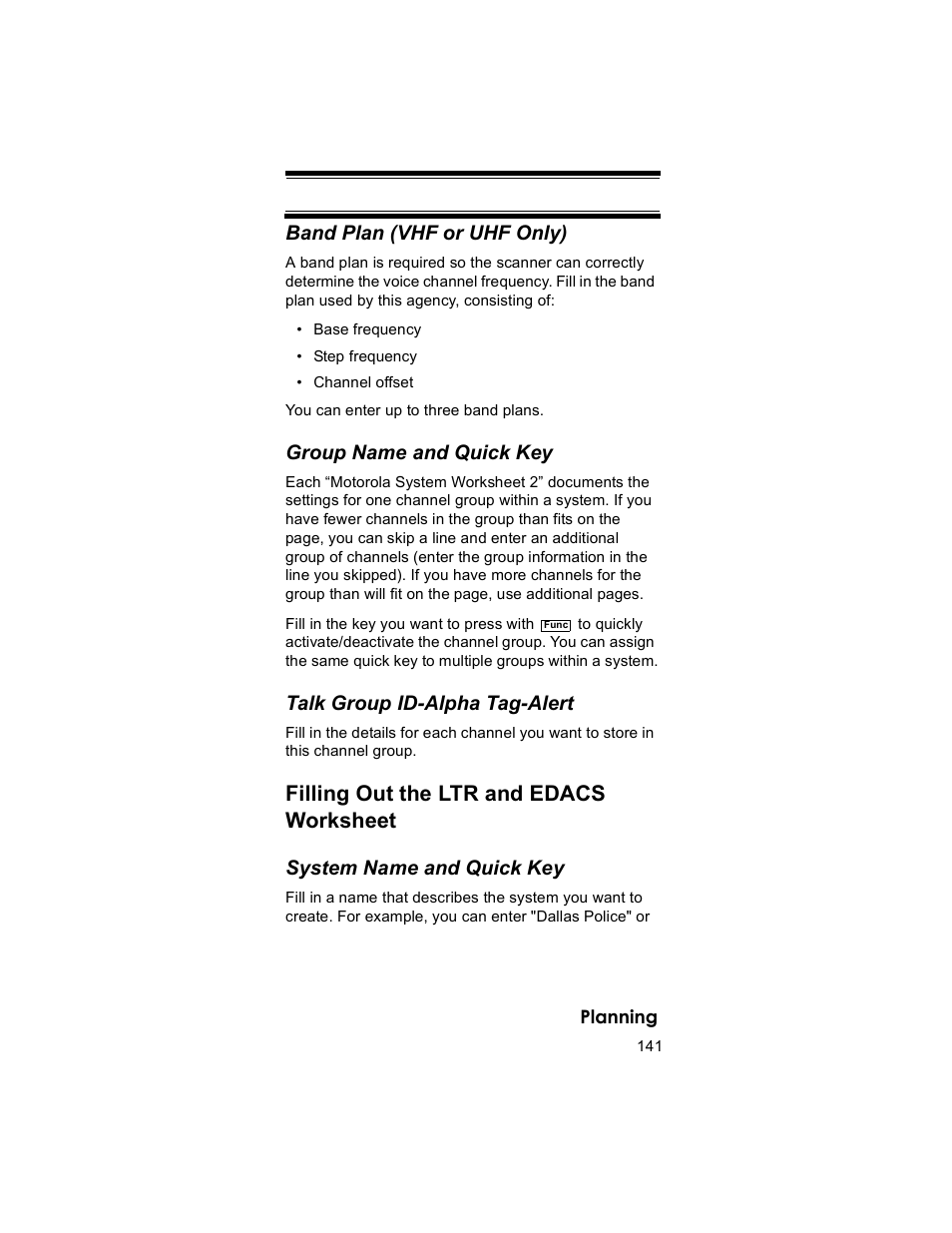 Filling out the ltr and edacs worksheet, Band plan (vhf or uhf only), Group name and quick key | Talk group id-alpha tag-alert, System name and quick key | Uniden BR330T User Manual | Page 141 / 156