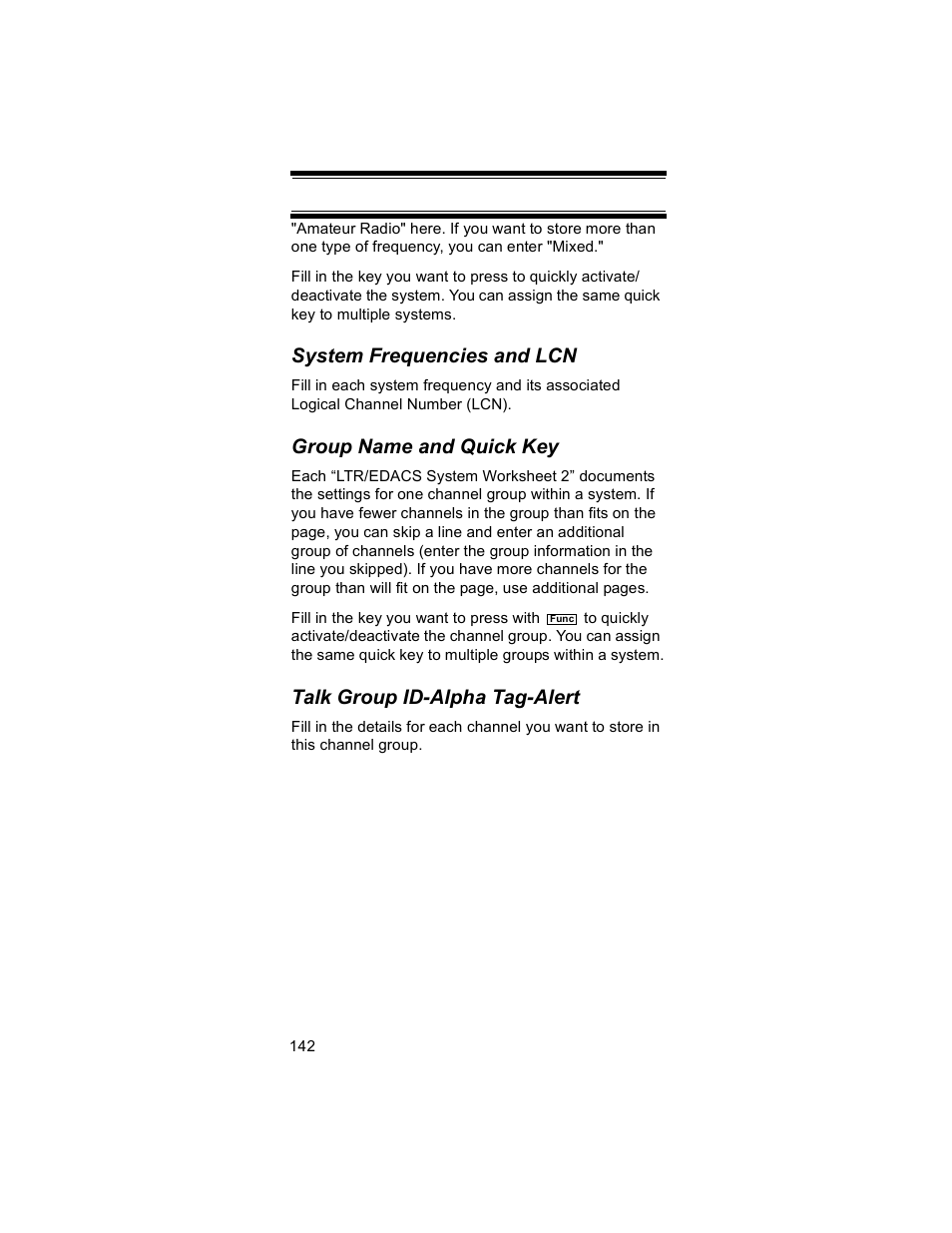 System frequencies and lcn, Group name and quick key, Talk group id-alpha tag-alert | Uniden BR330T User Manual | Page 142 / 156