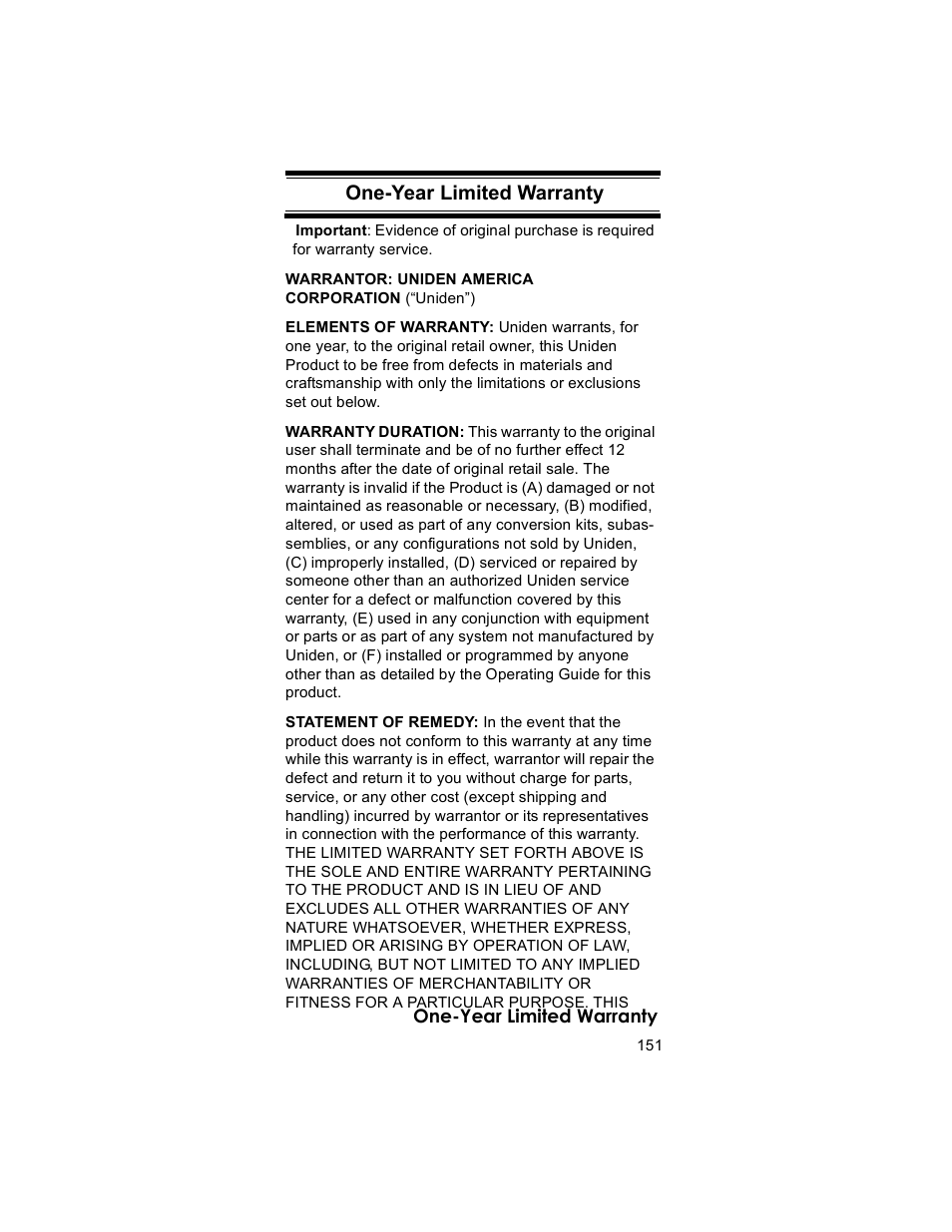 One-year limited warranty | Uniden BR330T User Manual | Page 151 / 156