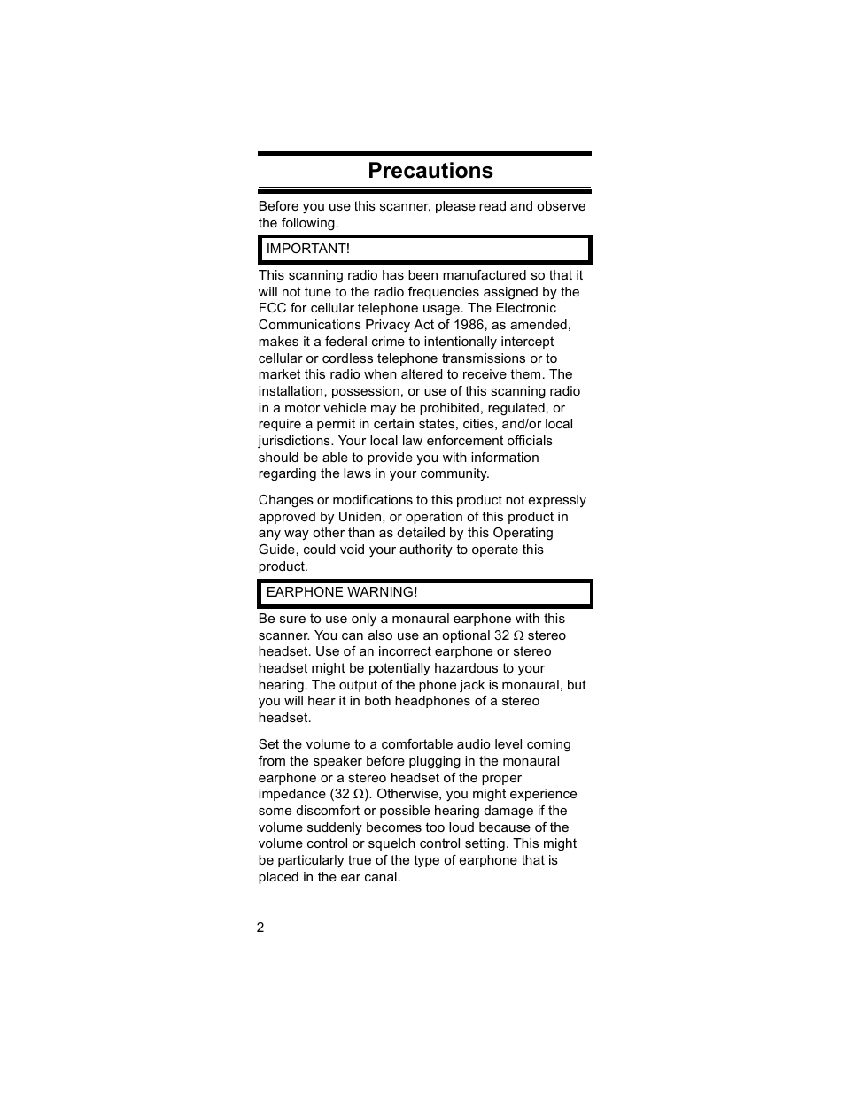 Precautions | Uniden BR330T User Manual | Page 2 / 156