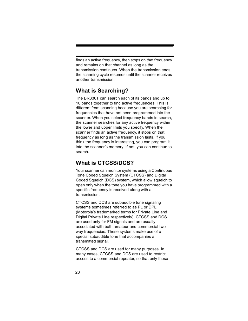 What is searching, What is ctcss/dcs | Uniden BR330T User Manual | Page 20 / 156
