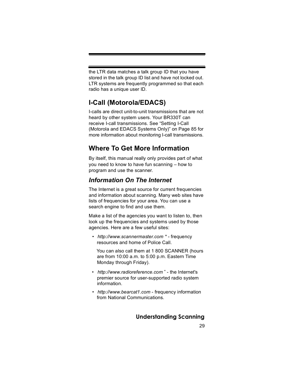 I-call (motorola/edacs), Where to get more information, Information on the internet | Uniden BR330T User Manual | Page 29 / 156