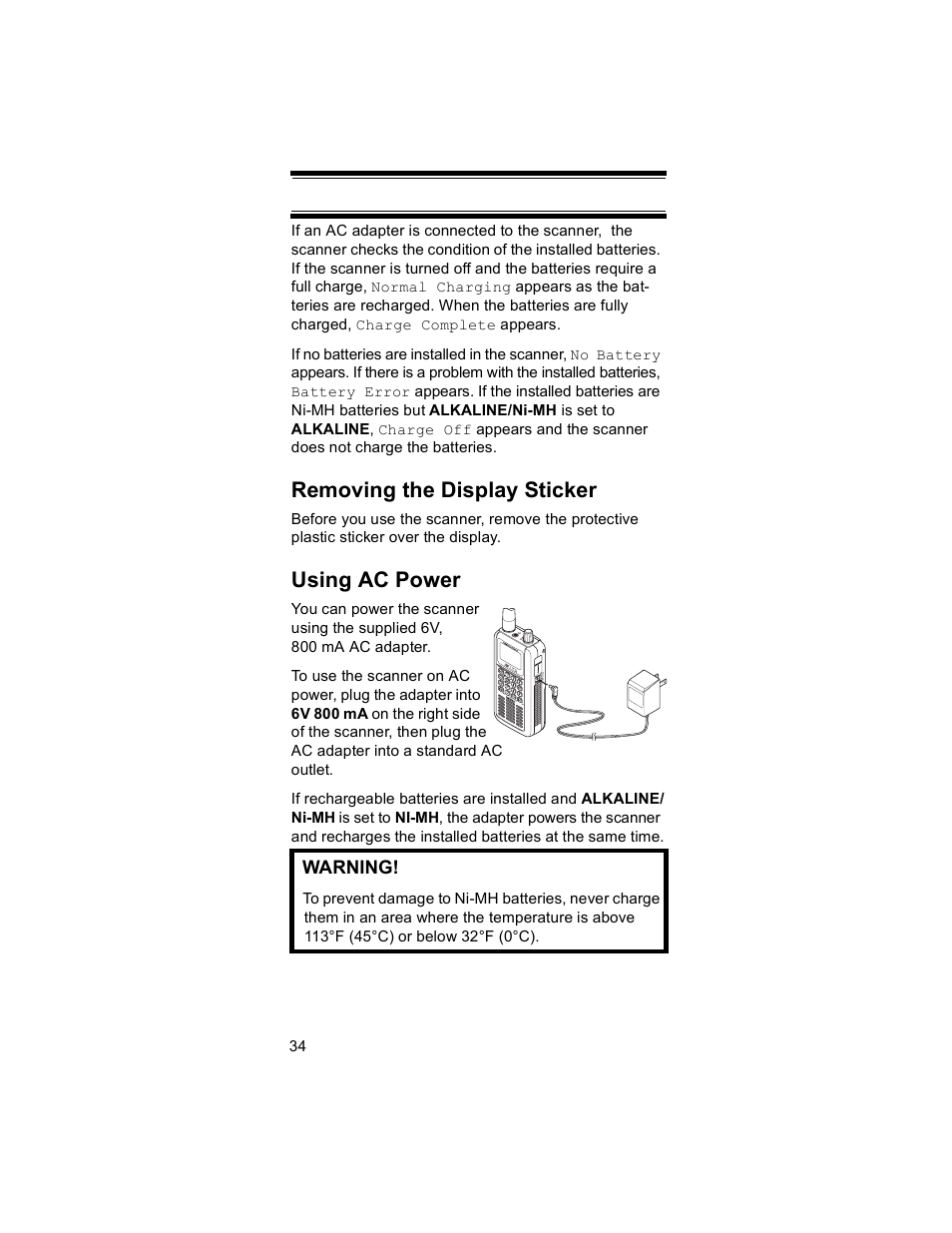 Removing the display sticker, Using ac power | Uniden BR330T User Manual | Page 34 / 156