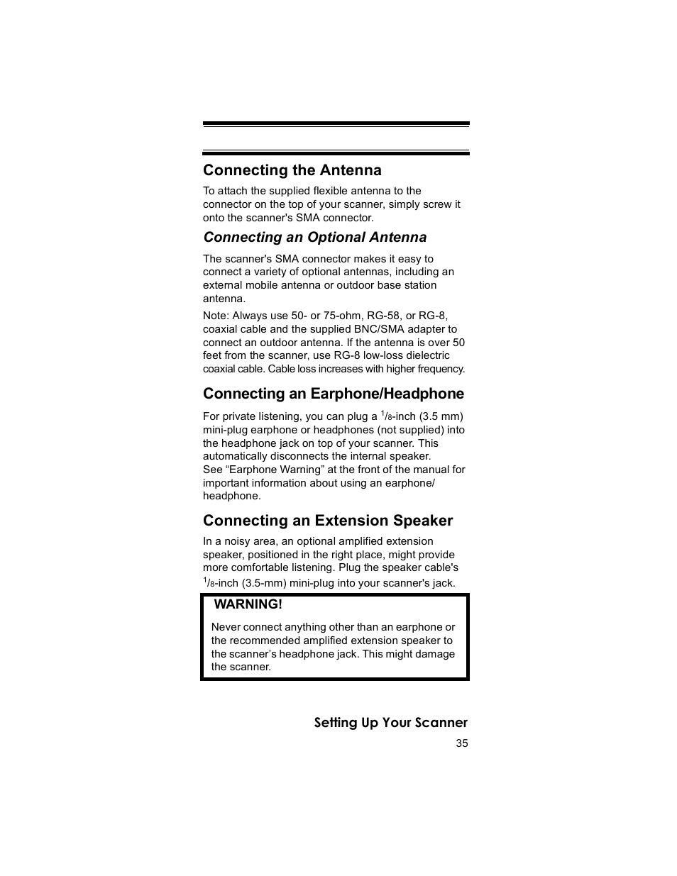 Connecting the antenna, Connecting an earphone/headphone, Connecting an extension speaker | Connecting an optional antenna | Uniden BR330T User Manual | Page 35 / 156