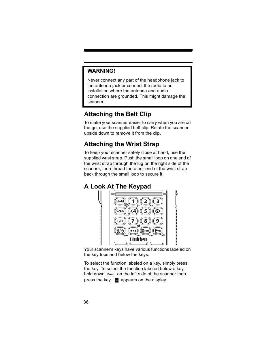 Attaching the belt clip, Attaching the wrist strap, A look at the keypad | Uniden BR330T User Manual | Page 36 / 156