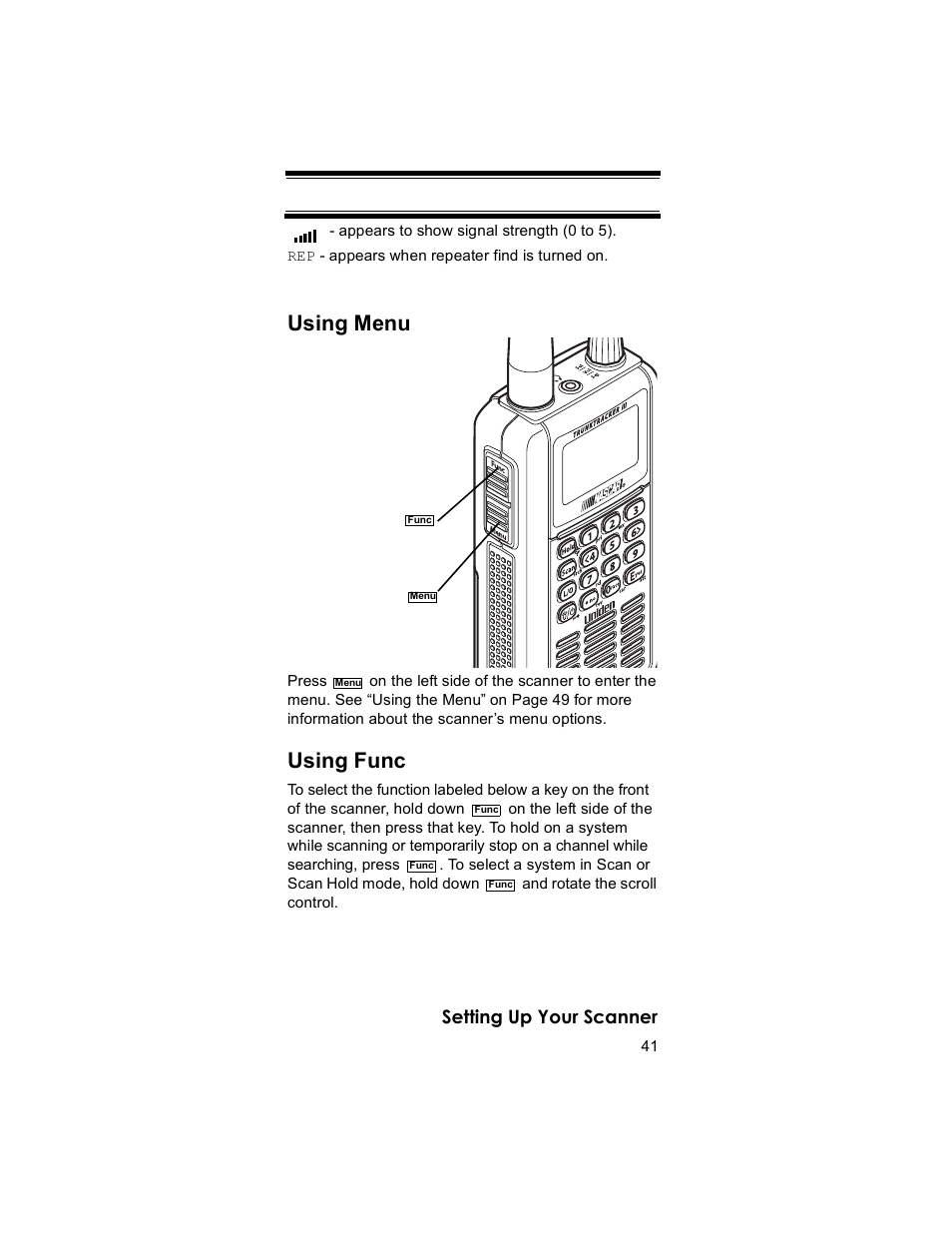 Using menu, Using func, Setting up your scanner | Uniden BR330T User Manual | Page 41 / 156