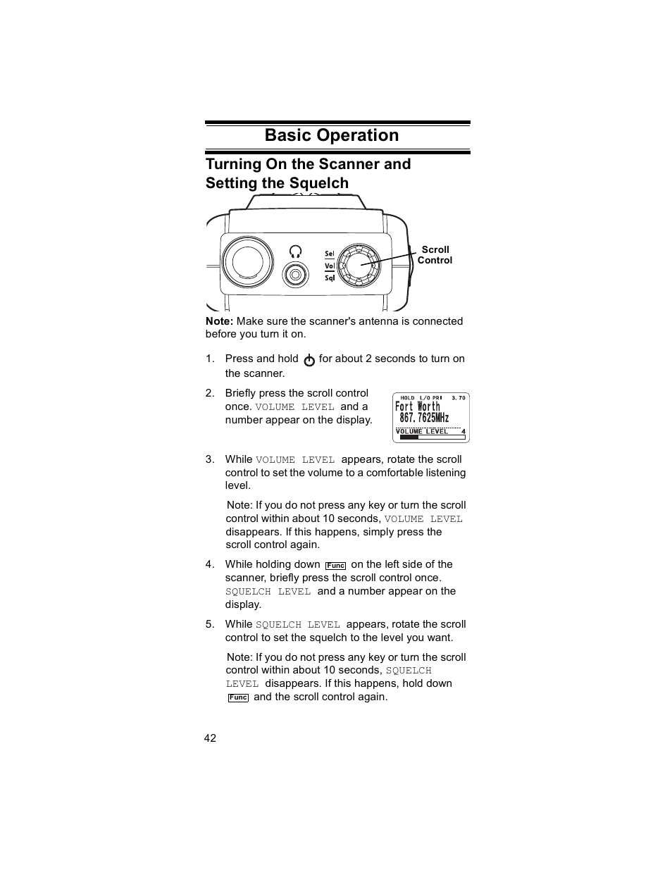 Turning on the scanner and setting the squelch, Basic operation | Uniden BR330T User Manual | Page 42 / 156