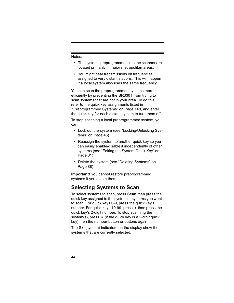 Selecting systems to scan | Uniden BR330T User Manual | Page 44 / 156