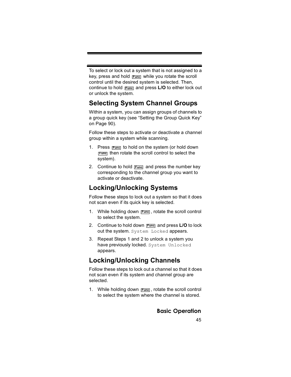Selecting system channel groups, Locking/unlocking systems, Locking/unlocking channels | Basic operation | Uniden BR330T User Manual | Page 45 / 156