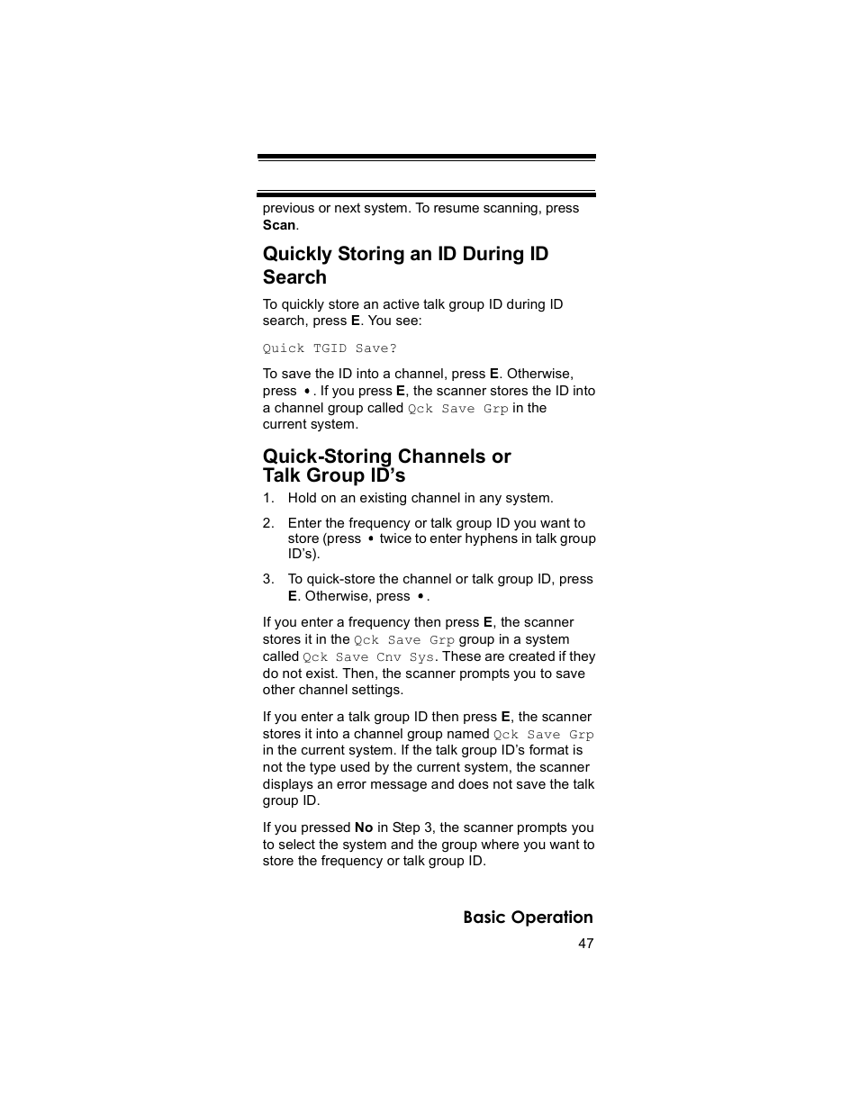 Quickly storing an id during id search, Quick-storing channels or talk group id’s | Uniden BR330T User Manual | Page 47 / 156