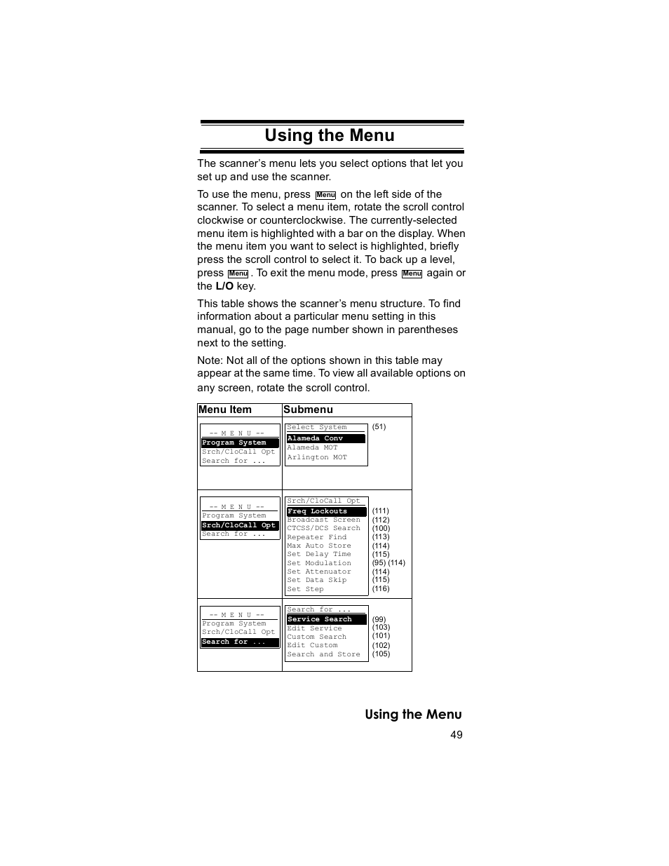 Using the menu | Uniden BR330T User Manual | Page 49 / 156