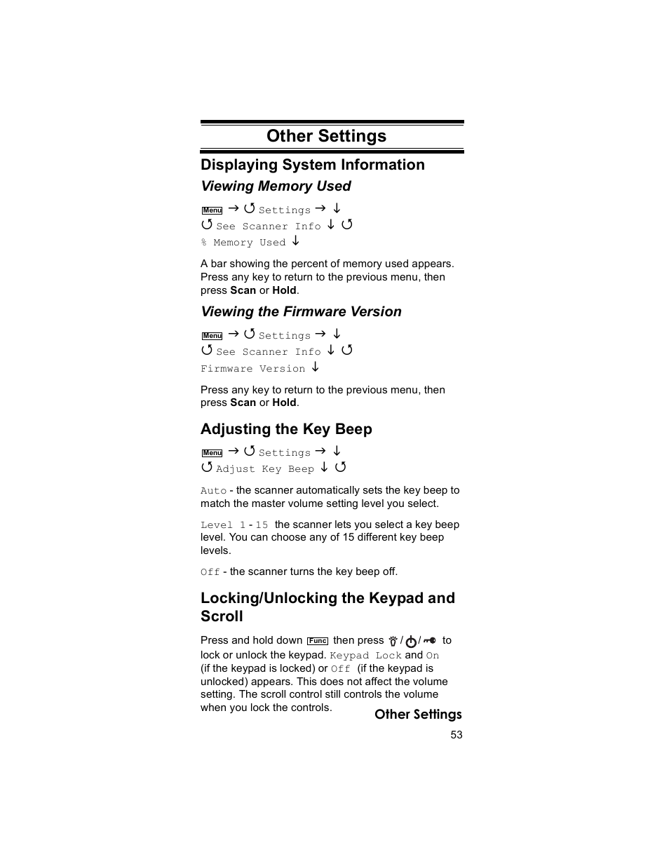 Other settings, Other settings displaying system information, Adjusting the key beep | Locking/unlocking the keypad and scroll | Uniden BR330T User Manual | Page 53 / 156