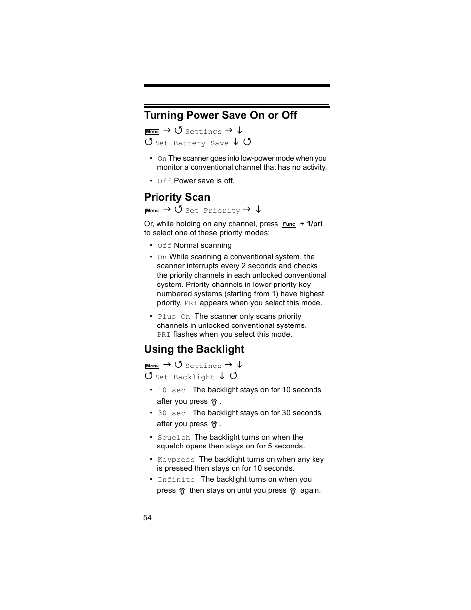 Turning power save on or off, Priority scan, Other setting | Using the backlight | Uniden BR330T User Manual | Page 54 / 156