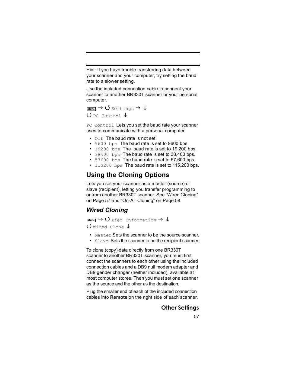 Using the cloning options, Wired cloning | Uniden BR330T User Manual | Page 57 / 156