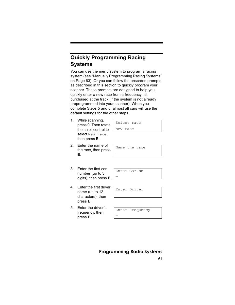 Quickly programming racing systems | Uniden BR330T User Manual | Page 61 / 156