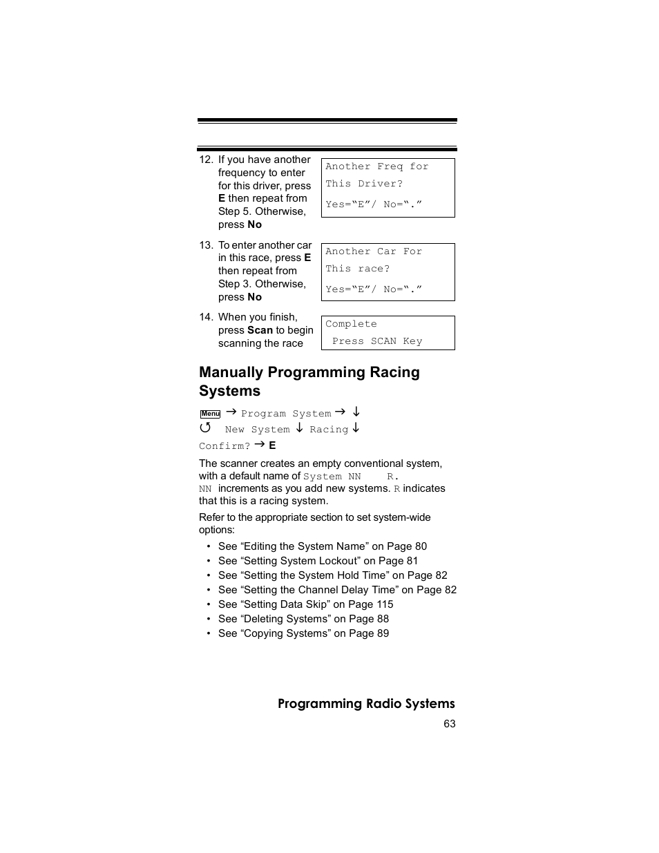 Manually programming racing systems | Uniden BR330T User Manual | Page 63 / 156