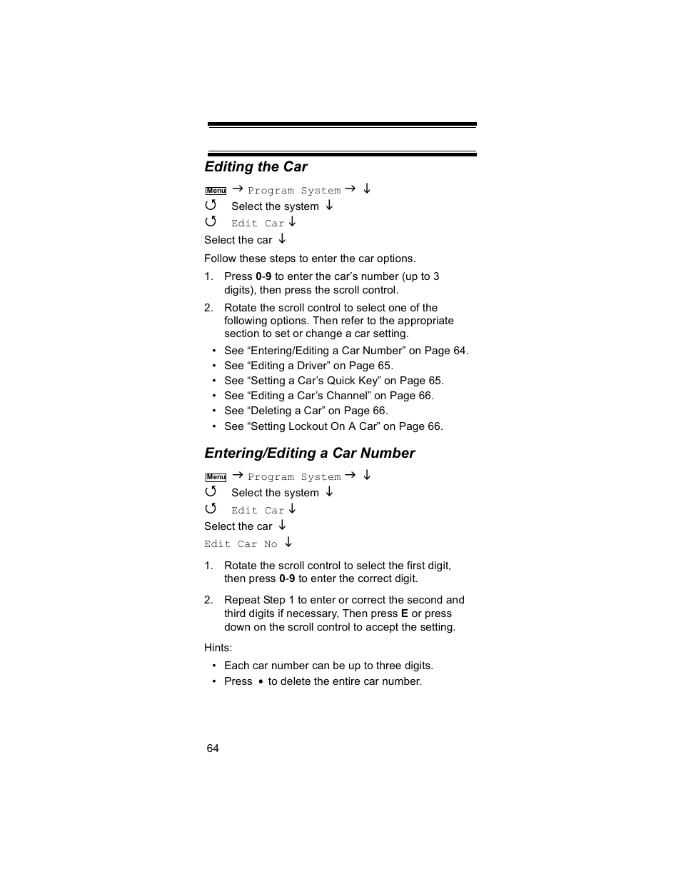 Editing the car, Entering/editing a car number | Uniden BR330T User Manual | Page 64 / 156
